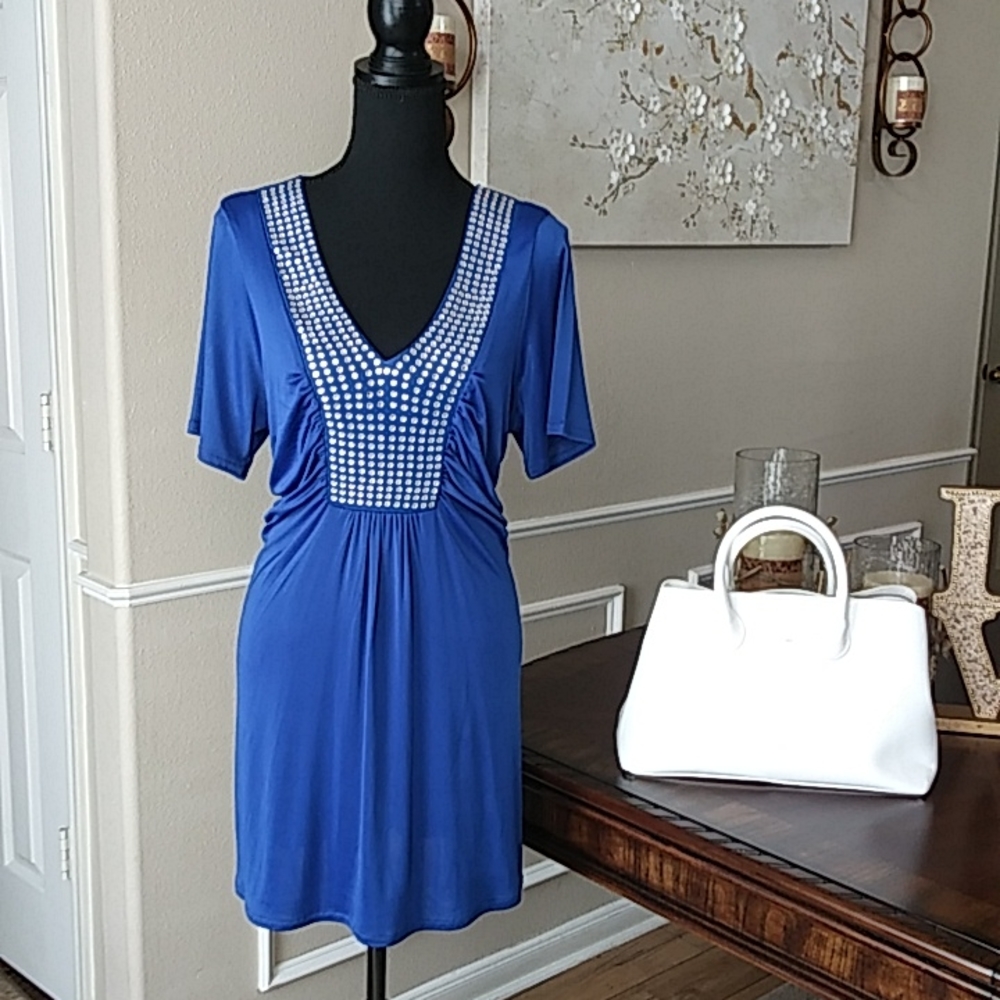 Royal blue Rhinestones V-neck Mini Shirt/Dress by Roaman's. Size M